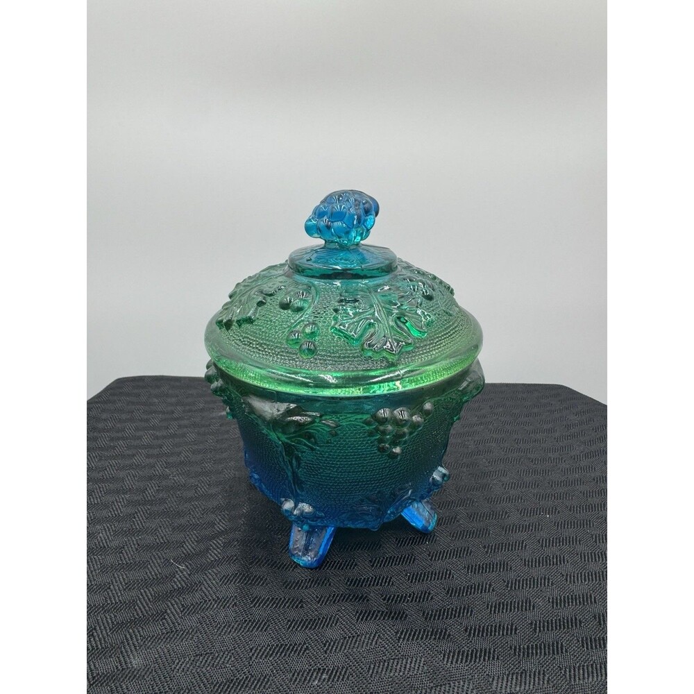Vintage Grape Pattern Blue Green Candy Dish Victorian Footed Style